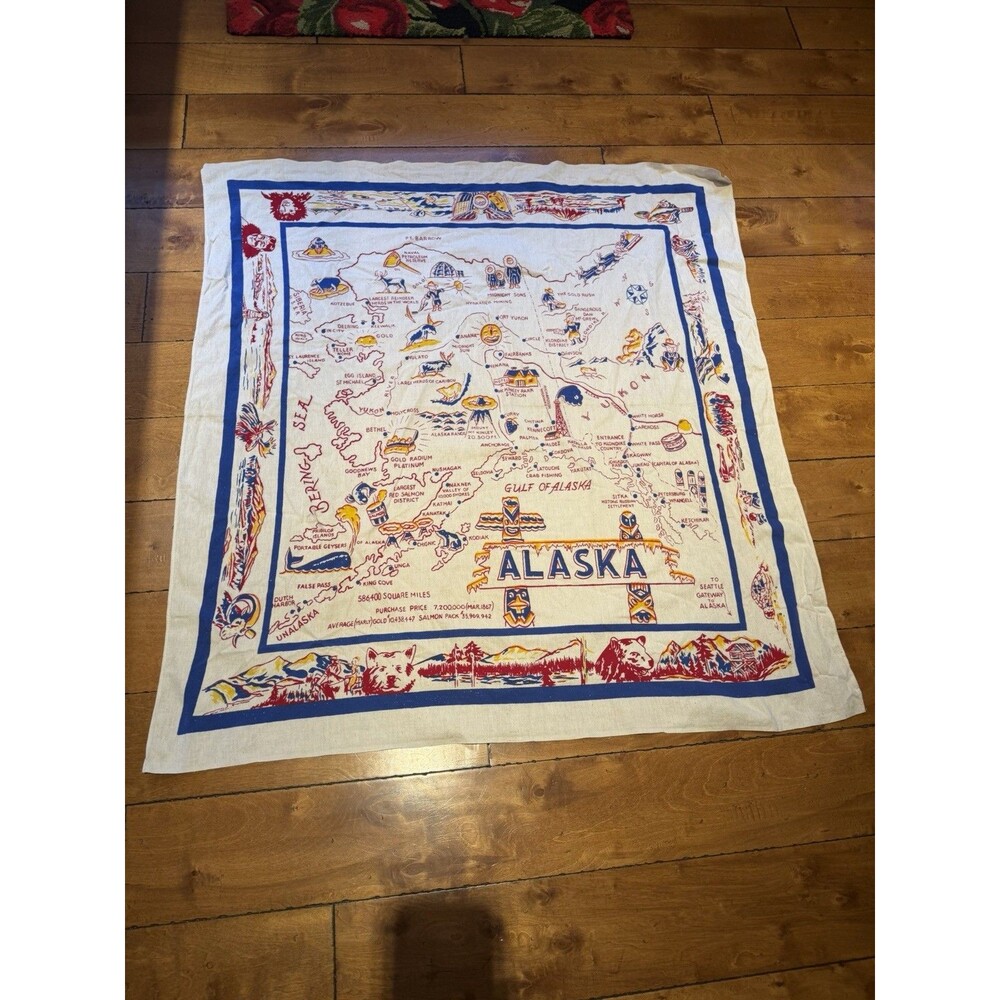 VTG Majestic Alaska Map Souvenir Linen Tablecloth Handkerchief LARGE 44x49 60s